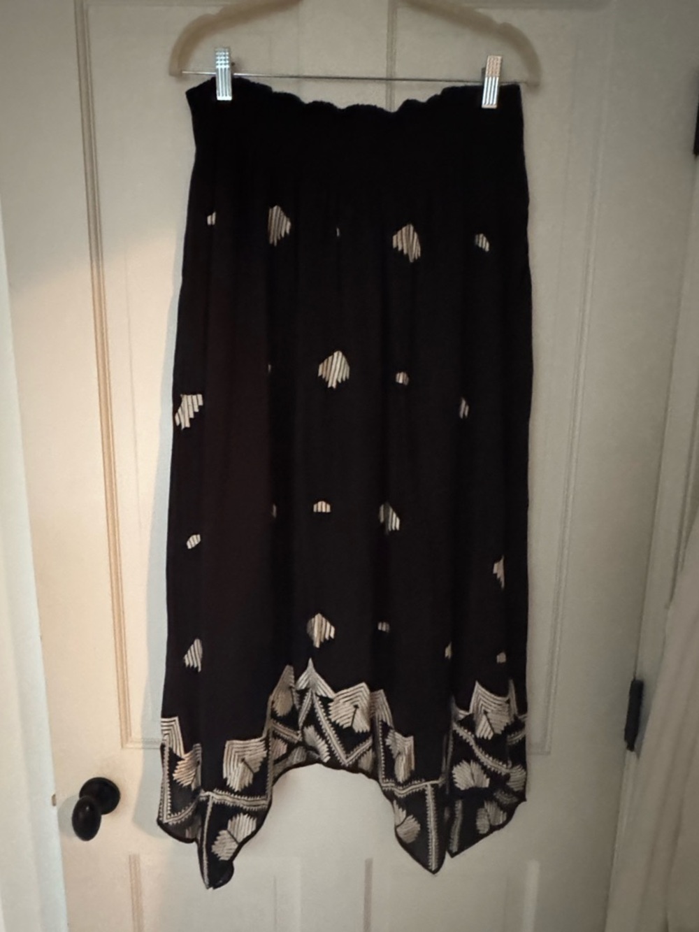Anthropologie Floreat Black handkerchief Midi Skirt with Cream Embroidery